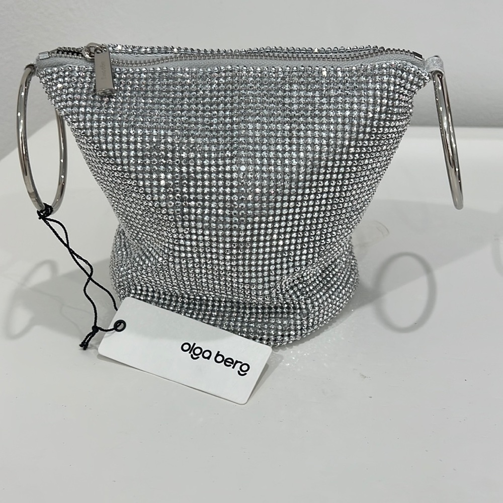 NWT Olga Berg small metal handled silver mesh handbag